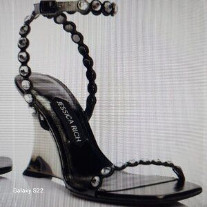 Jessica Rich Leather DIAMOND WEDGE Sandals. 90 MM | Black. NIB. Size 41/US 11
